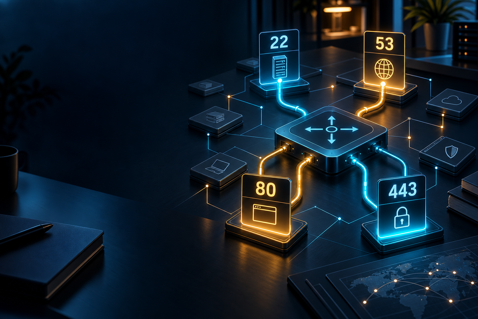 A visual memory map connecting common network ports to digital services