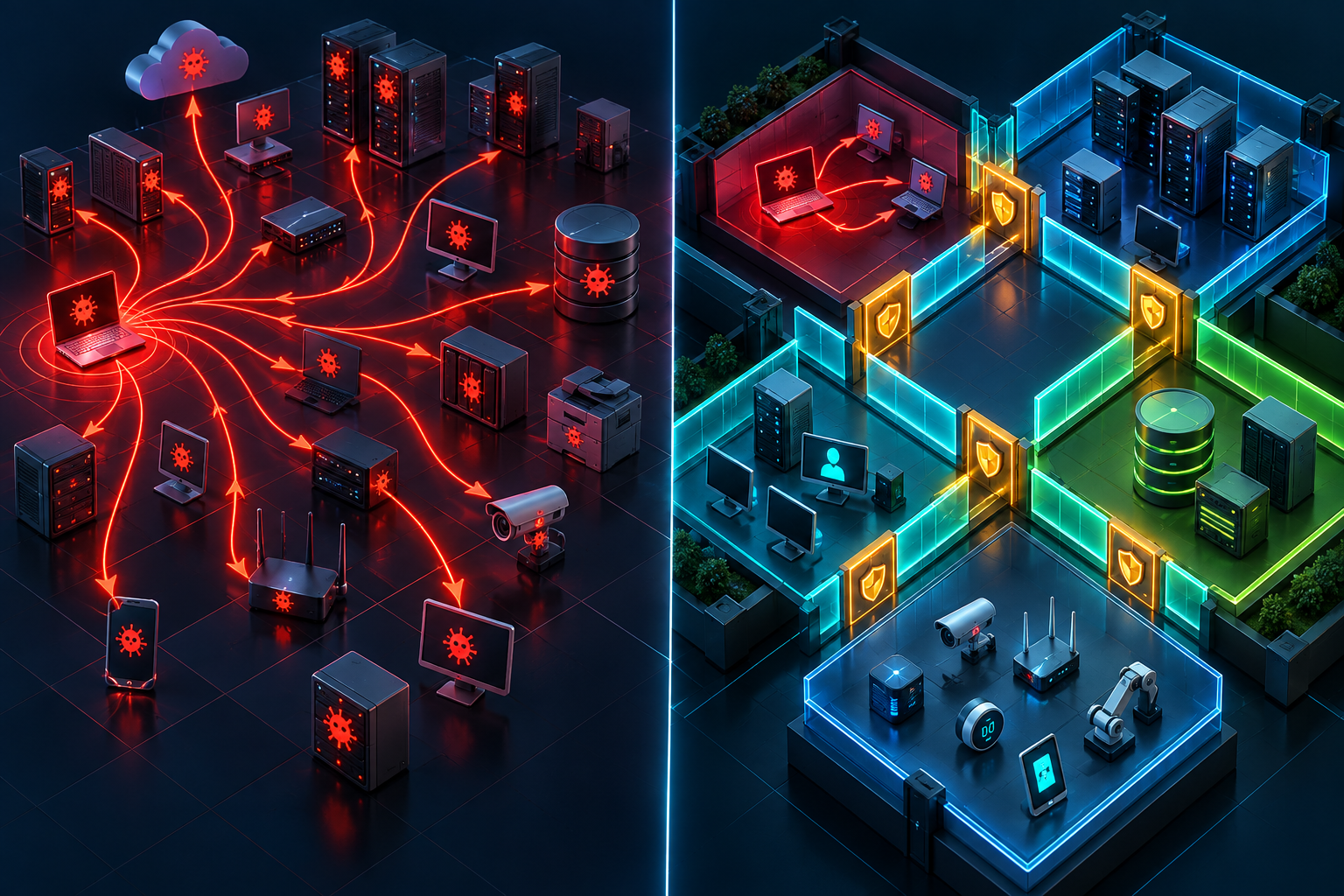 A flat network spreading one compromise everywhere compared with a segmented network containing it in one zone