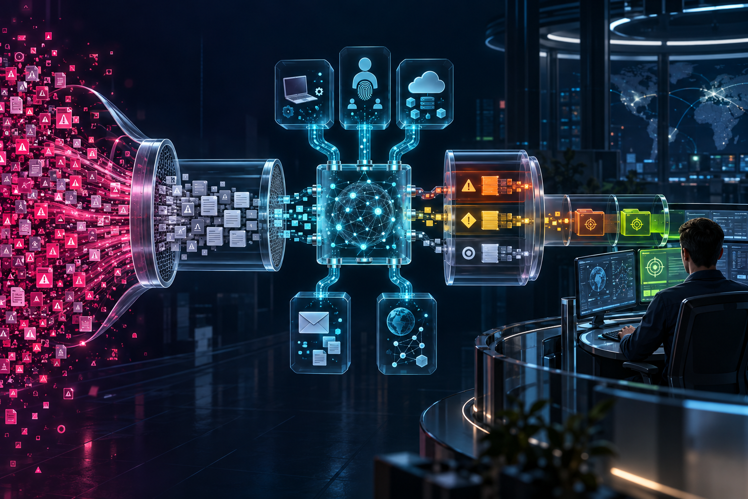 Many raw security alerts being filtered, enriched and prioritised into a small number of analyst cases