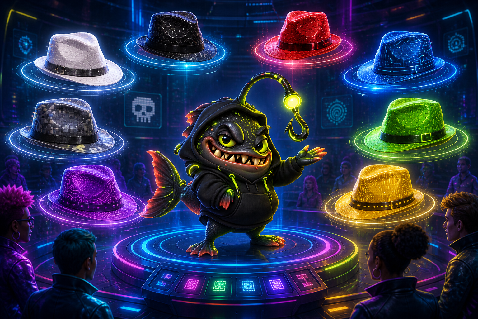 DirtyPhish presenting eight hacker hats in a cyber arena